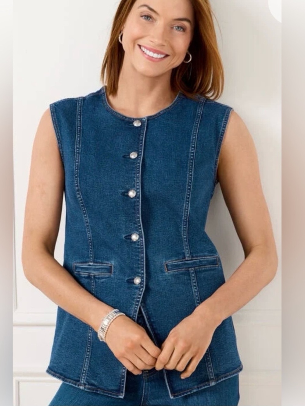 NWT Talbots denim jean tailored seaming long sleeveless vest classic
Sz 8